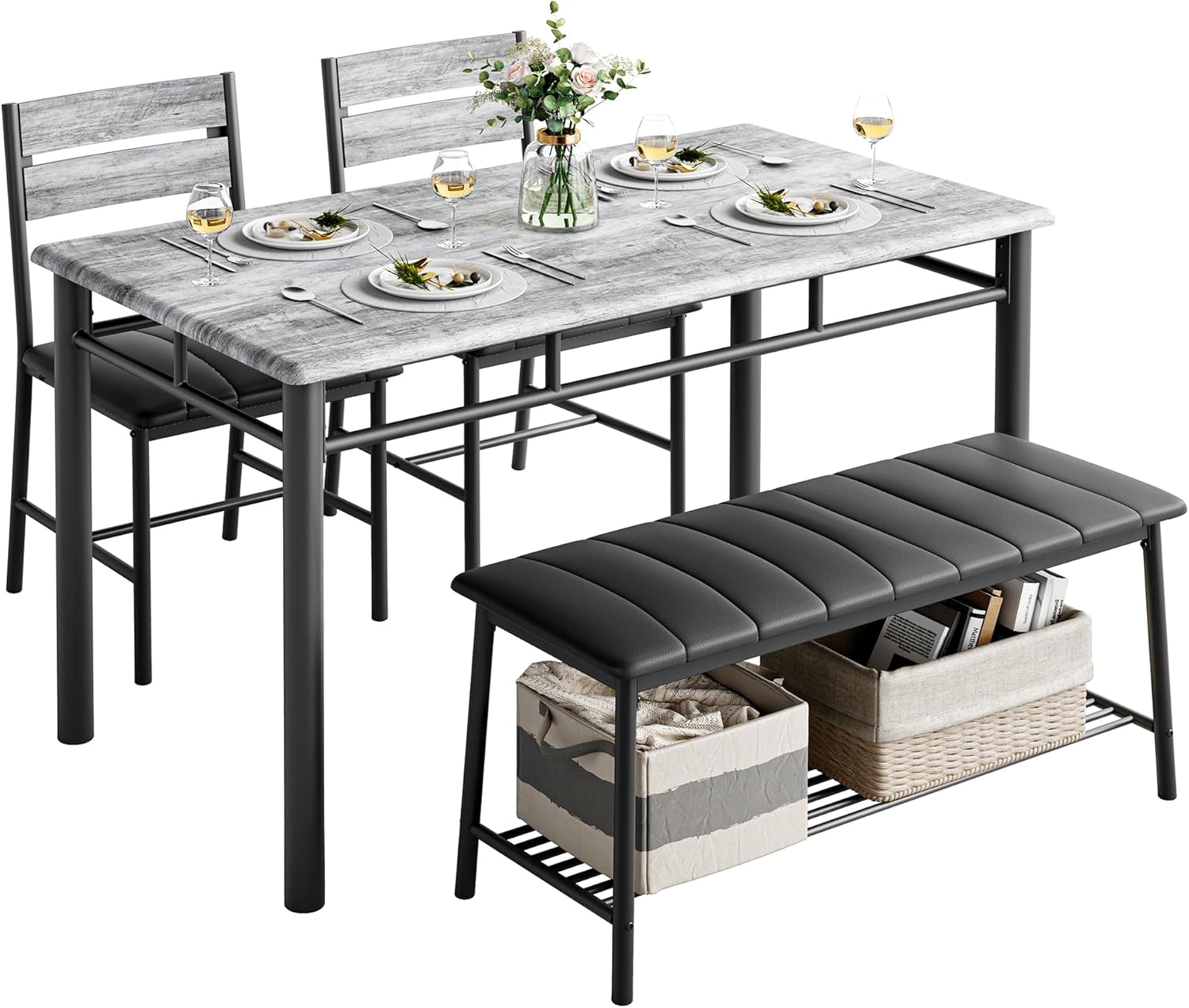 IRONCK Dining Table Set for 4, with Upholstered Bench and 2 Chairs