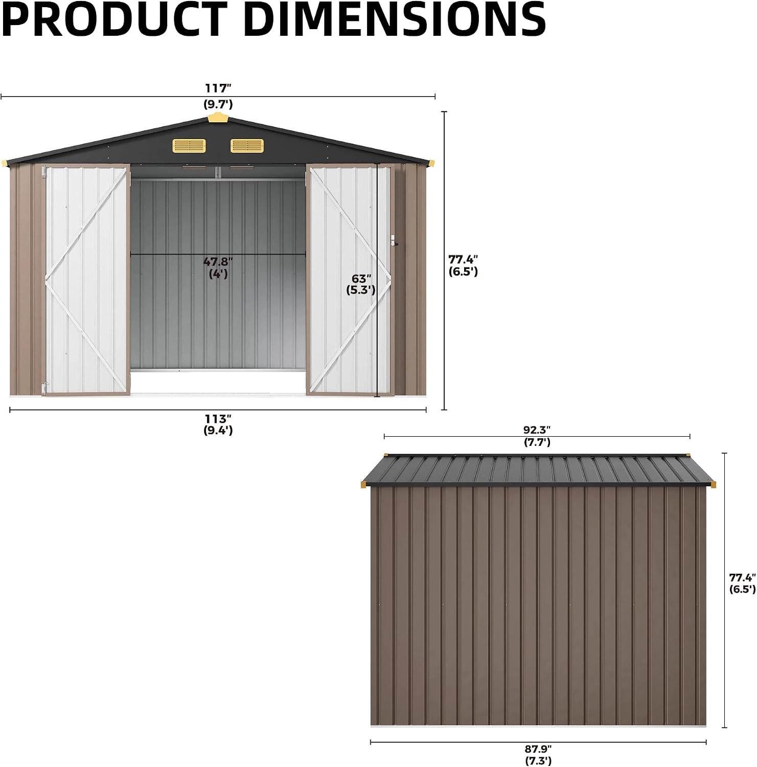 IRONCK Storage Shed, 9.7 x 7.7 FT Tool Shed with Lockable Doors, Brown Galvanized Steel Metal, Breathable Vent, Garden Shed for Yard Bins, Wheelbarrow, Generator