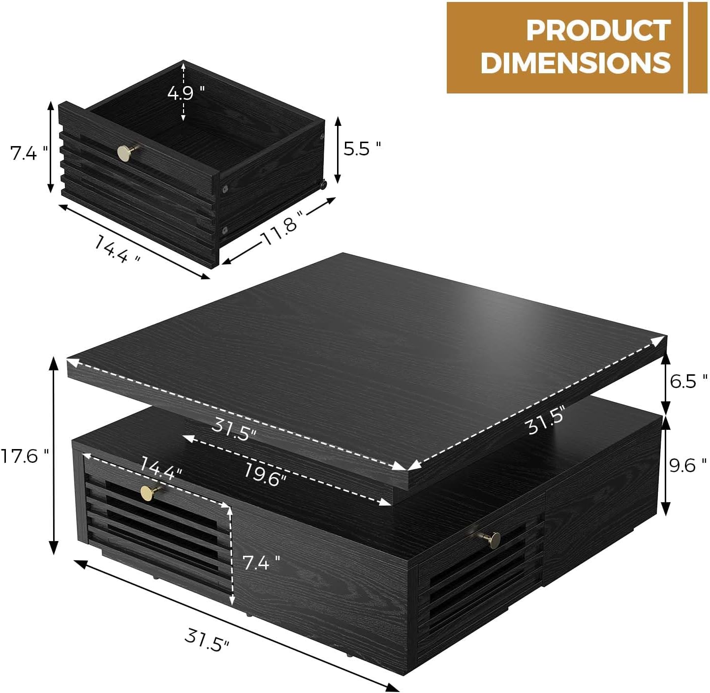 IRONCK Coffee Table with LED Light and Charging Station, 4 Storage Drawers