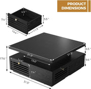 IRONCK Coffee Table with LED Light and Charging Station, 4 Storage Drawers with Grille Design, Square Coffee Table for Living Room Office Reception Room (Black)