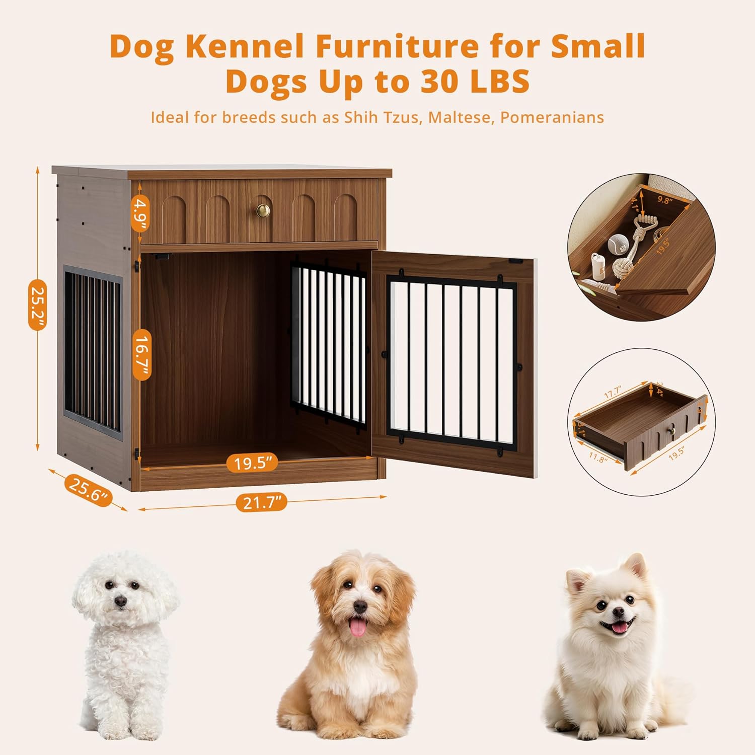 IRONCK Dog Crate Furniture, Wooden Dog Crate with Drawer and Flip-Top Storage, Walnut