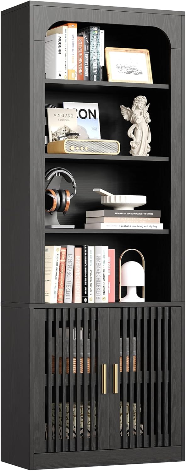 IRONCK Mid-Century Book Shelf, 6-Tier Floor Standing Bookcase with Grille Doors, Tall Storage Shelves for Display & Organizing, Suitable for Home Office, Living Room (White)