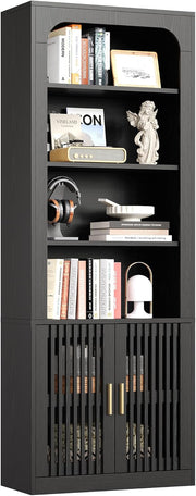 IRONCK Mid-Century Book Shelf, 6-Tier Floor Standing Bookcase with Grille Doors, Tall Storage Shelves for Display & Organizing, Suitable for Home Office, Living Room (White)