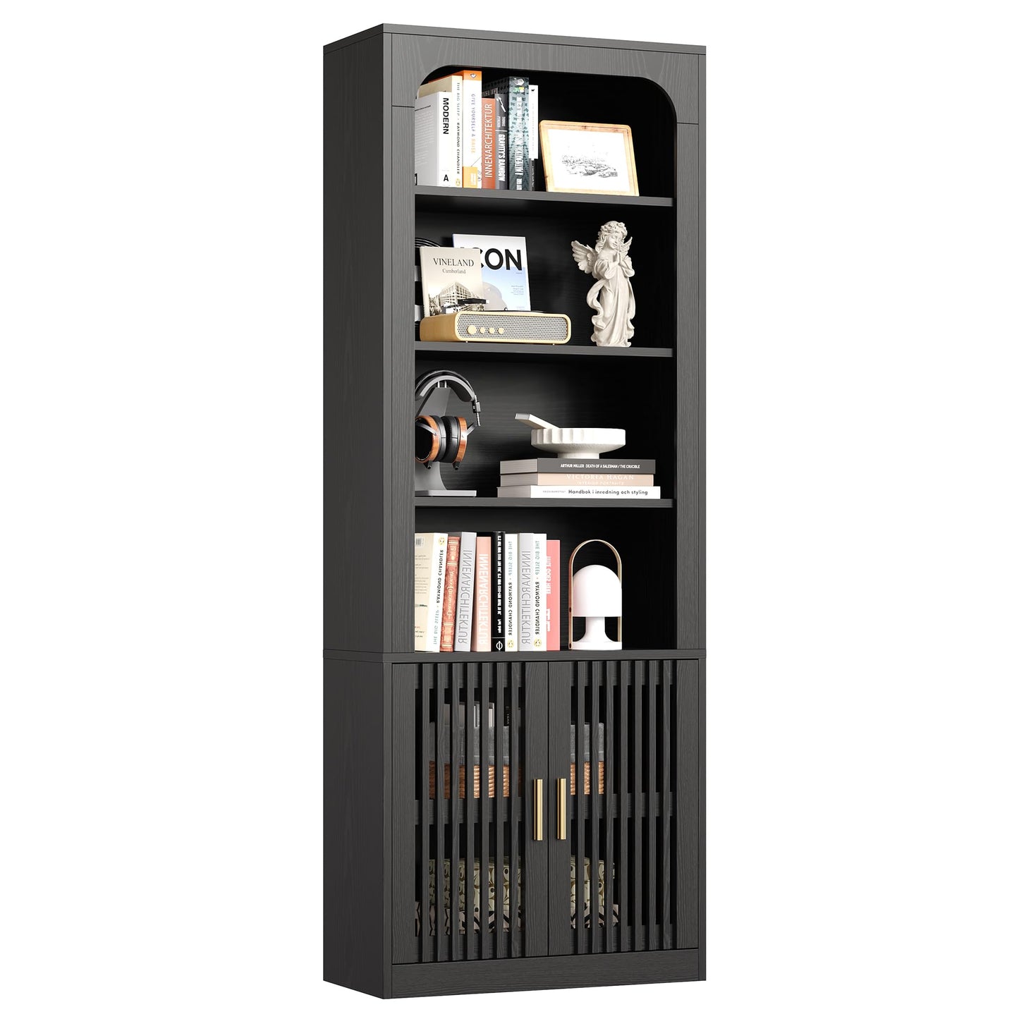 IRONCK Mid-Century Book Shelf, 6-Tier Floor Standing Bookcase with Grille Doors, Tall Storage Shelves for Display & Organizing, Suitable for Home Office, Living Room (White)