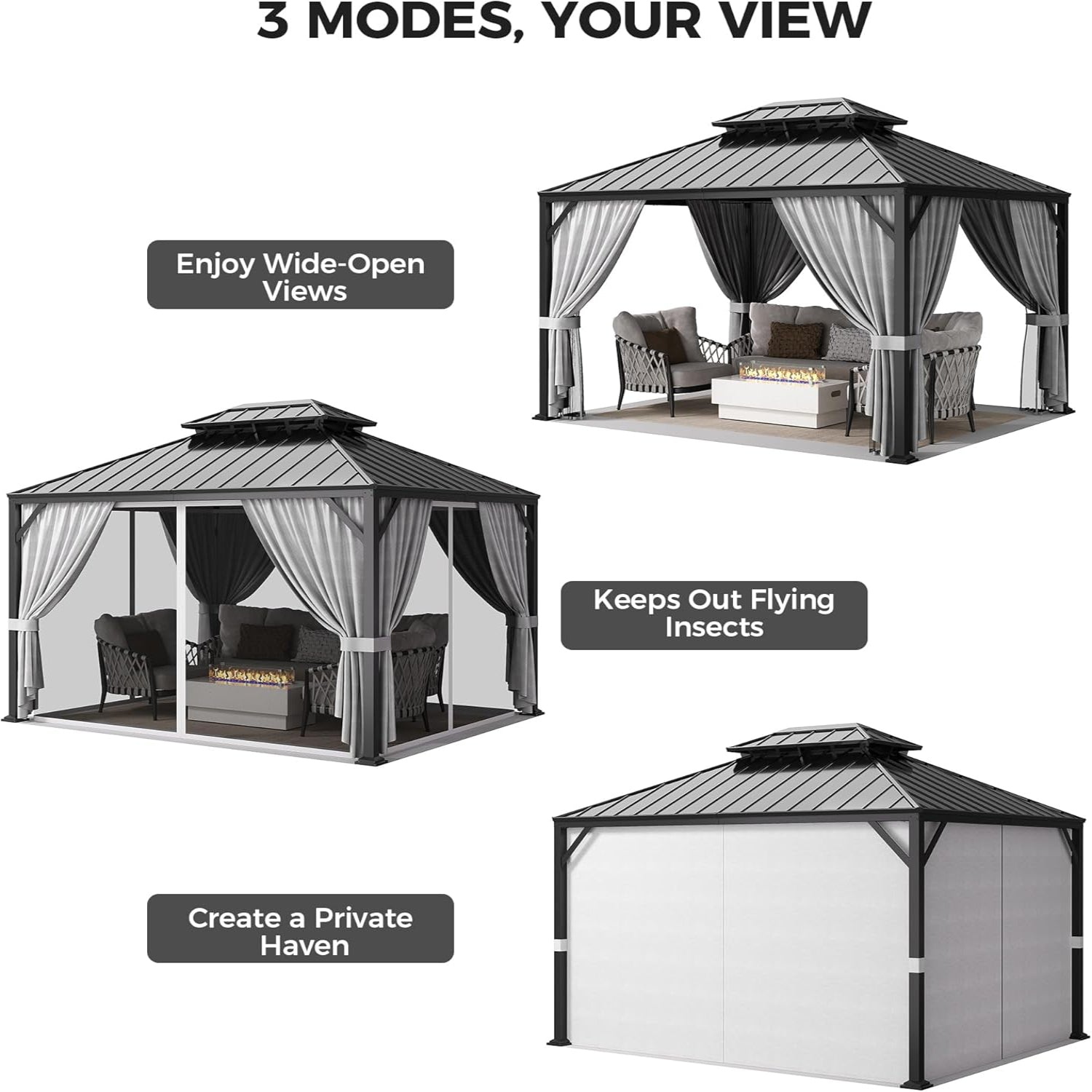 IRONCK Aluminum Patio Gazebo with Double Roof, with Net and Curtain