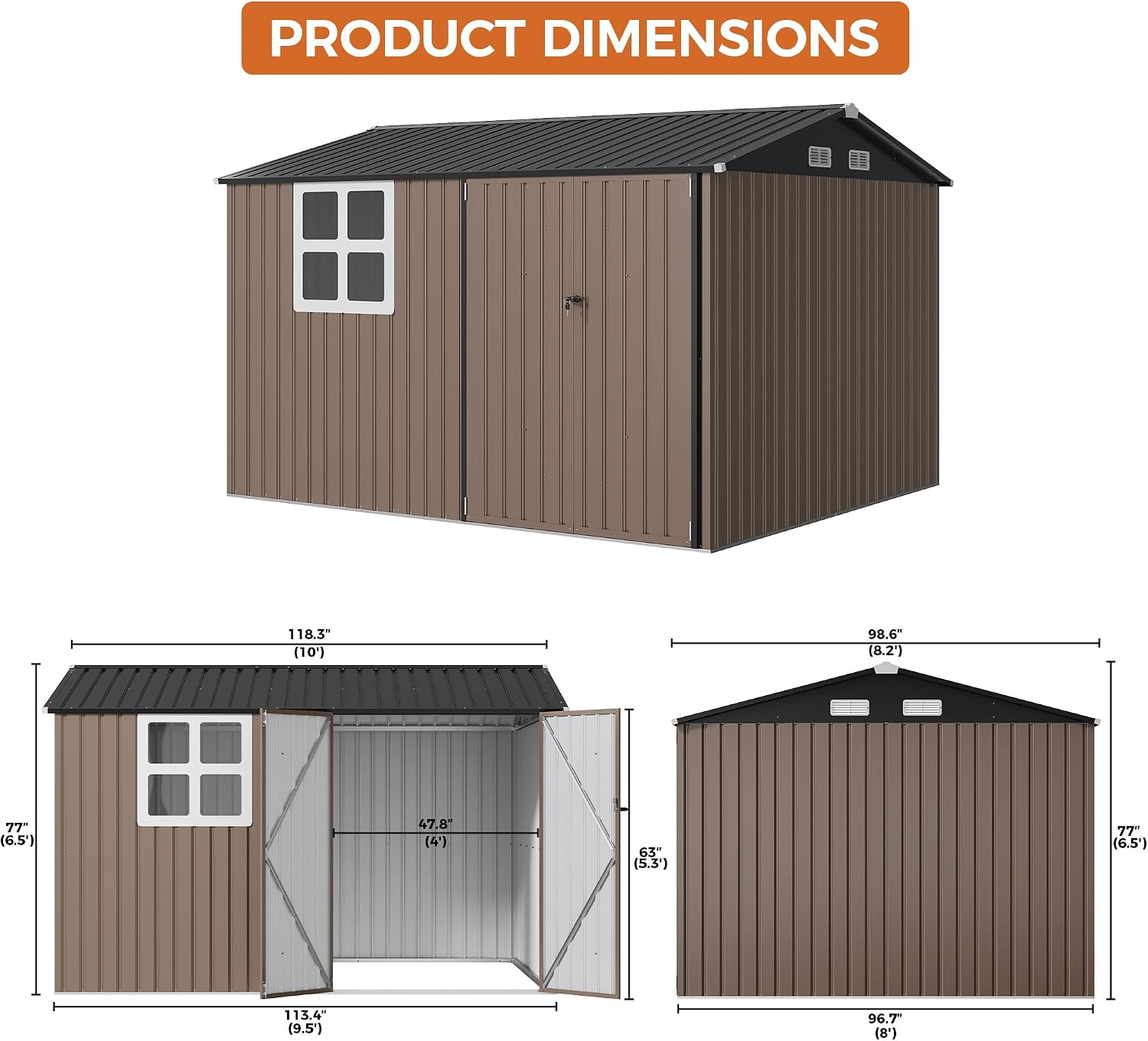 IRONCK 10x8.2FT Outdoor Storage Shed with Clear Window, Tool Shed, Brown Lockable Doors, Breathable Ventilation, 9.5x8 FT Base, Outdoor Shed For Generators/Bikes/Wheelbarrows