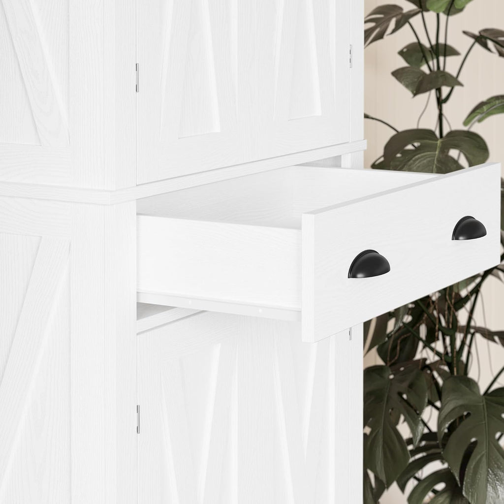 IRONCK Kitchen Pantry Storage Cabinet 72.6" H x 24" W, White | Freestanding Storage Cabinet with Barn Doors, Drawer, and 4 Adjustable Shelves for Laundry Rooms
