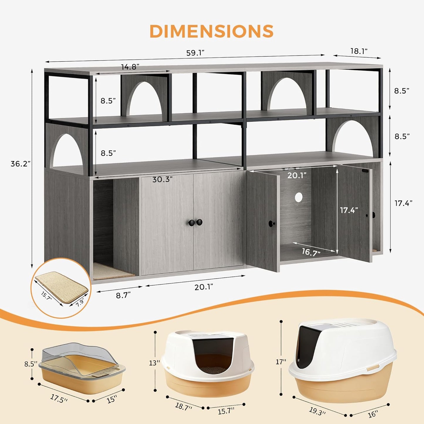IRONCK 59 Inches Litter Box Enclosure, 2-in-1 Hidden Litter Box