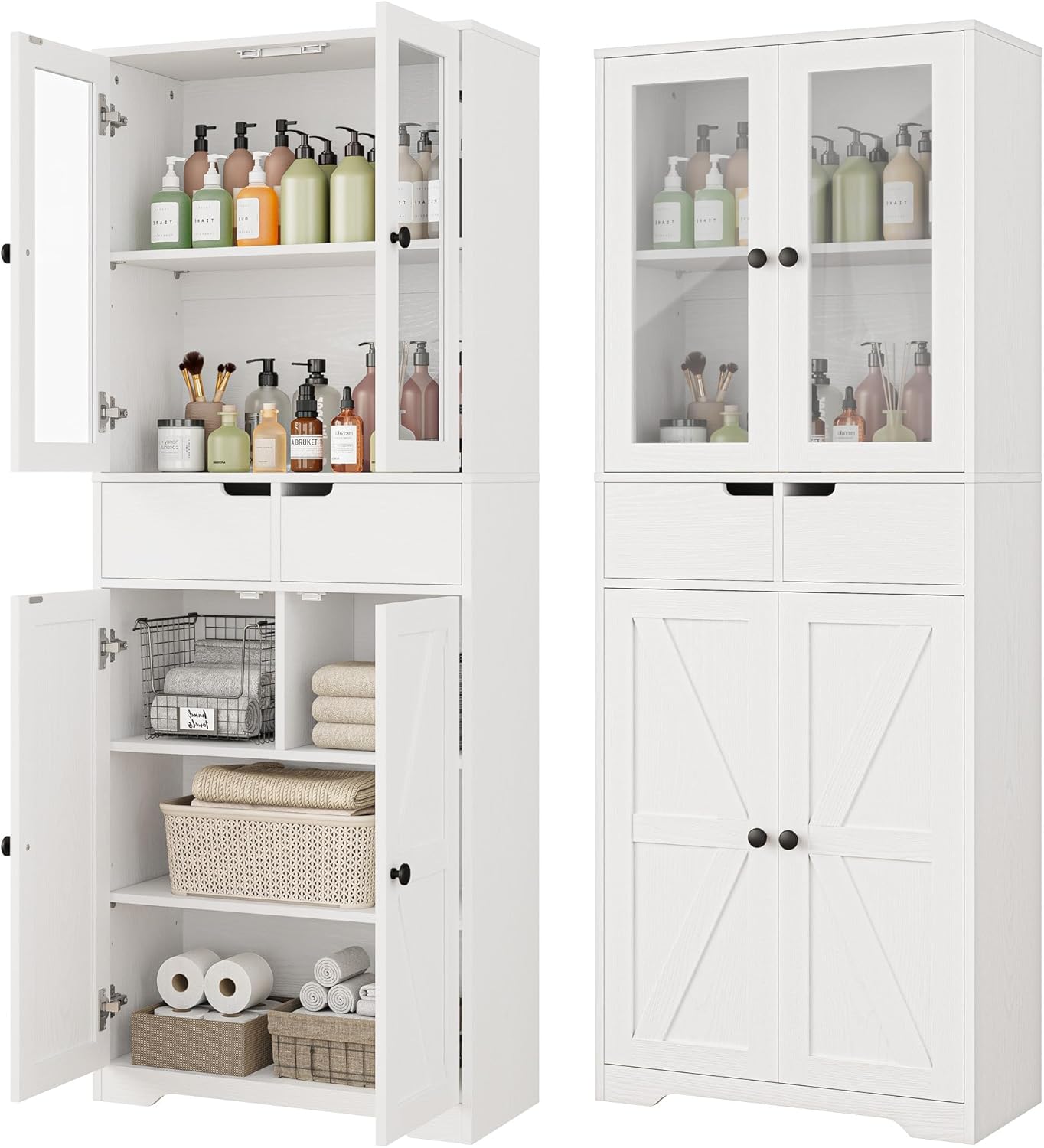 IRONCK 67" Tall Bathroom Storage Cabinet, with Glass Doors and Shelves,  White