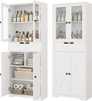 IRONCK 67" Tall Bathroom Storage Cabinet, with Glass Doors and Shelves,  White