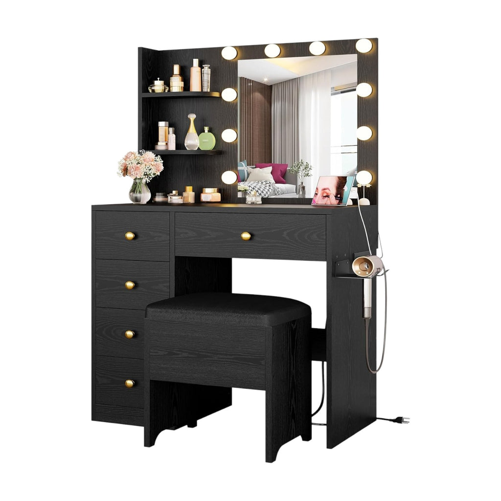 IRONCK Small Makeup Vanity Table with 5 Drawers, Power Outlet, and Vanity Stool