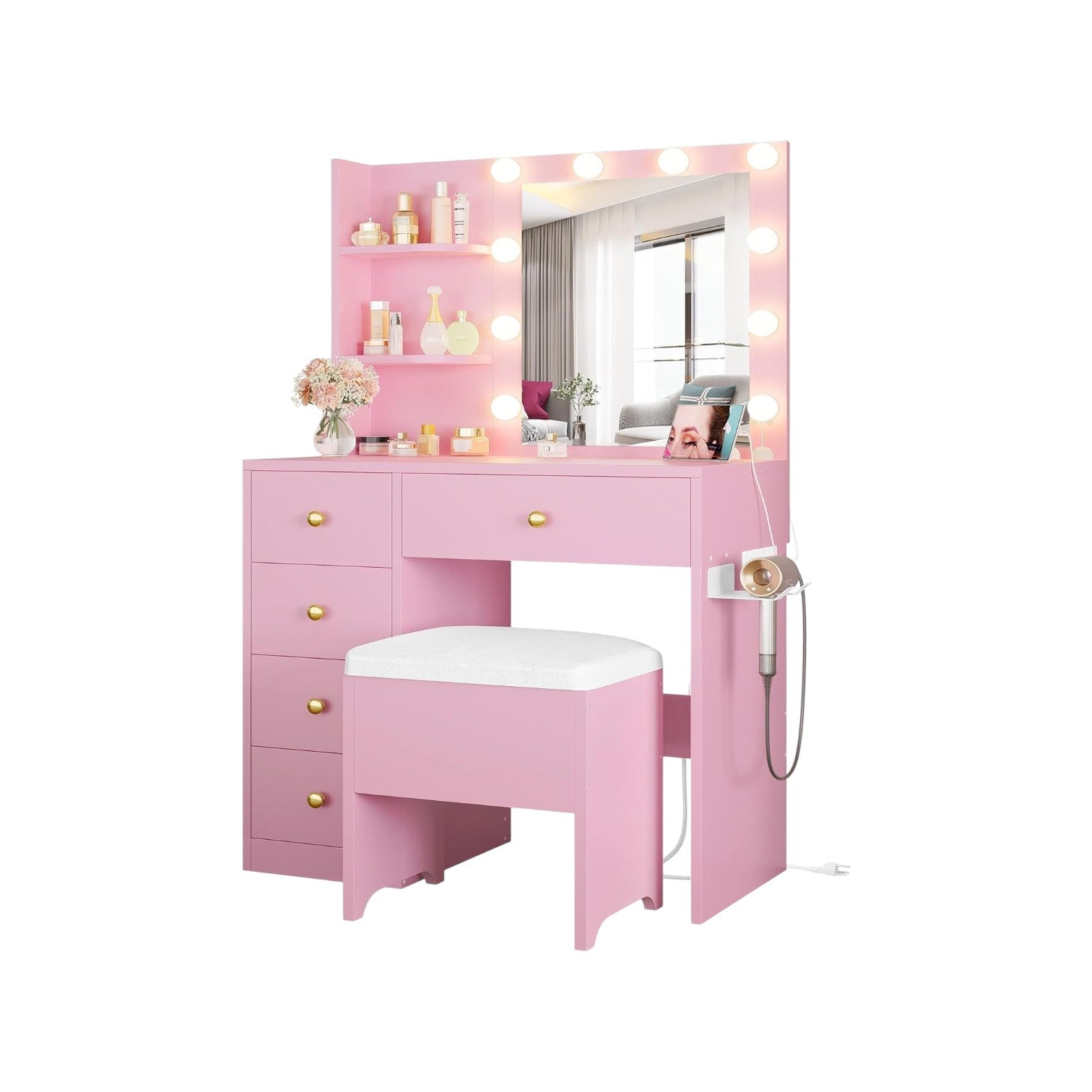 IRONCK Small Makeup Vanity Table with 5 Drawers, Power Outlet, and Vanity Stool