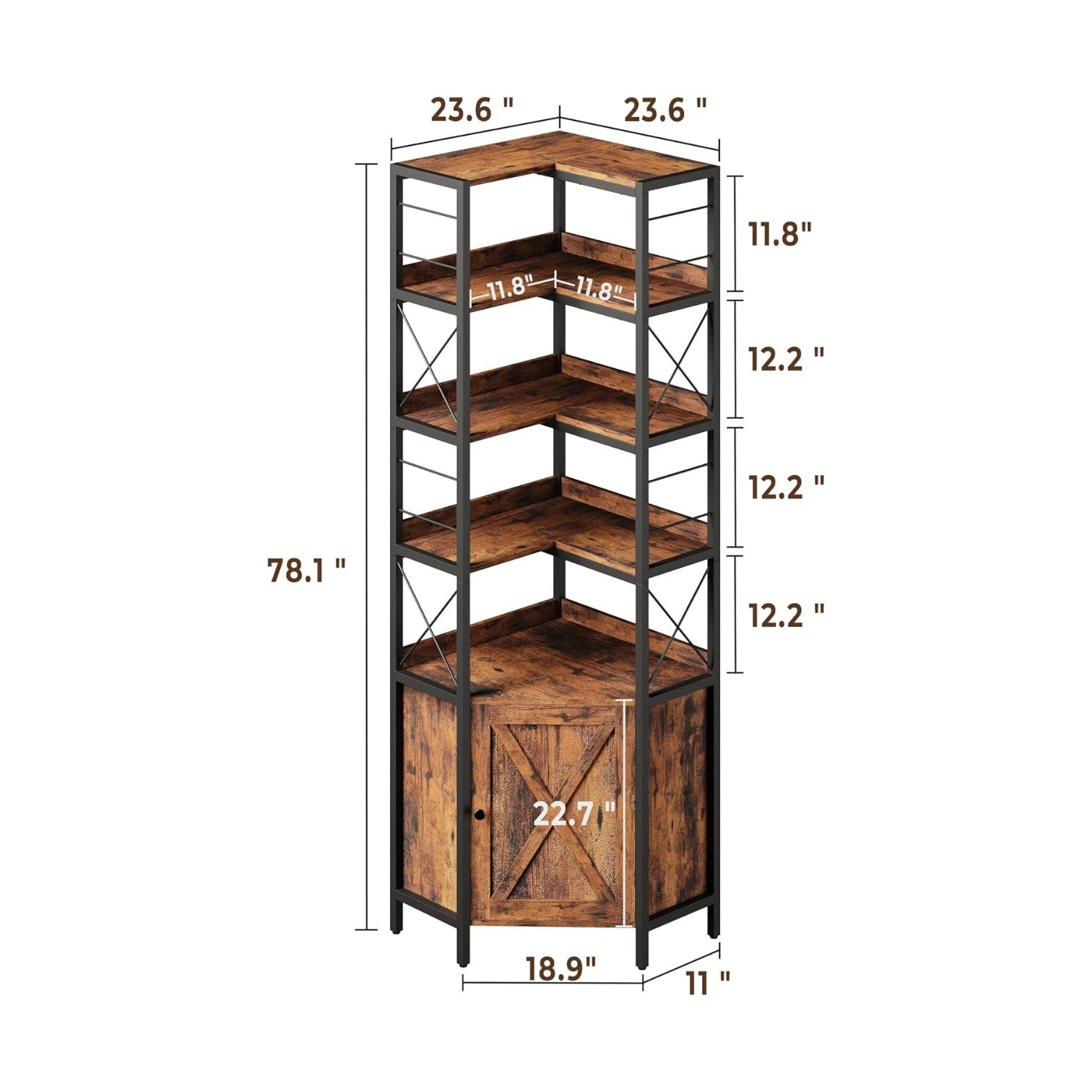 IRONCK 5 Tiers Corner Bookshelf with Baffles, Bookcase with Doors