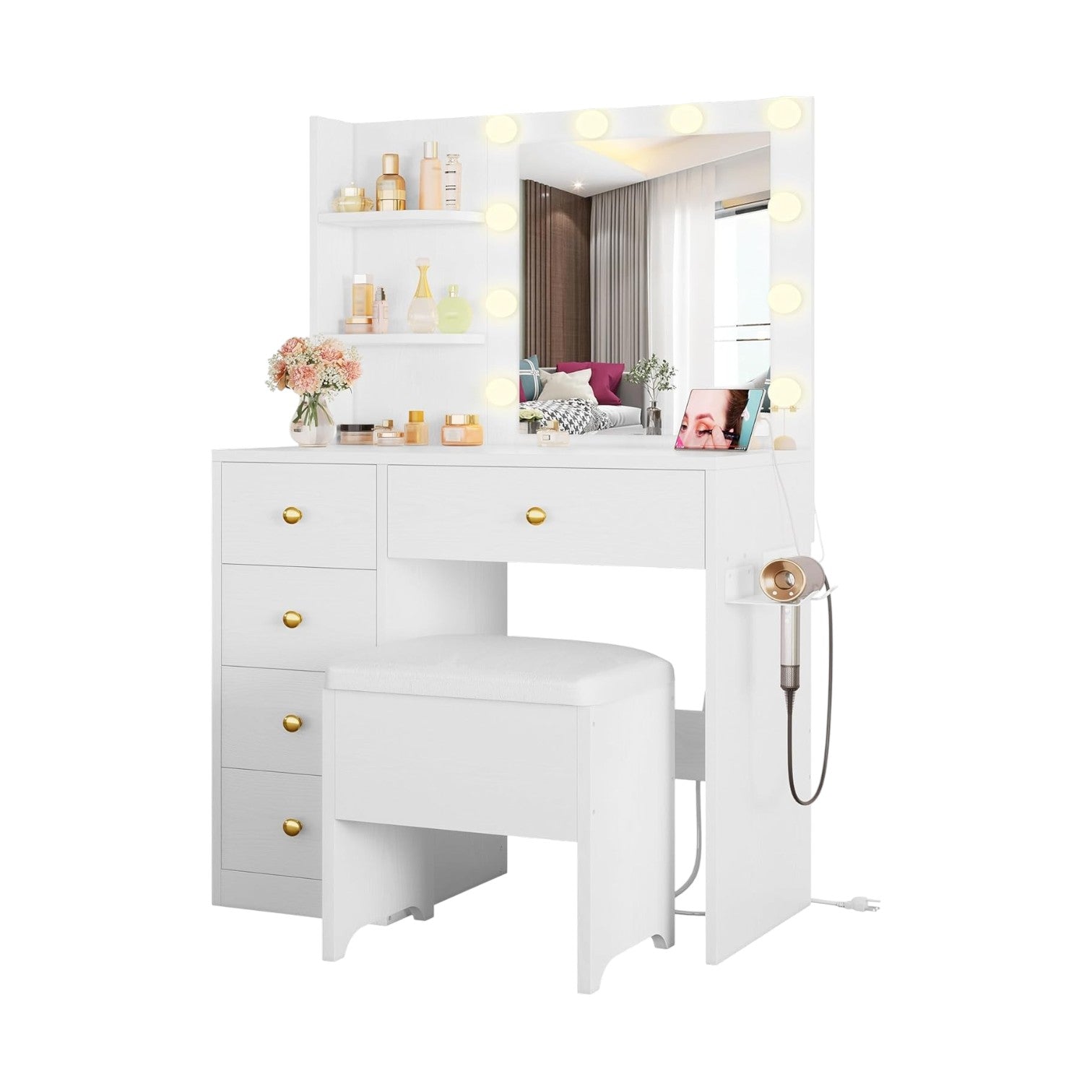 IRONCK Small Makeup Vanity Table with 5 Drawers, Power Outlet, and Vanity Stool
