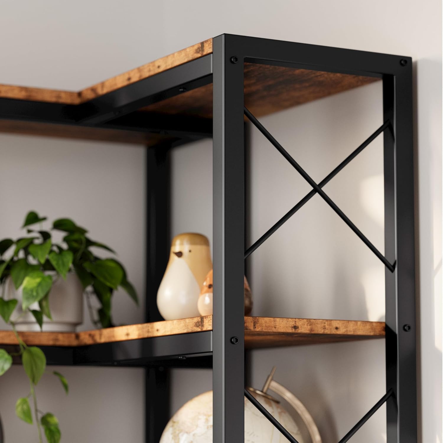 IRONCK 7-Tier Industrial Metal Frame Corner Bookshelf, Vintage Brown