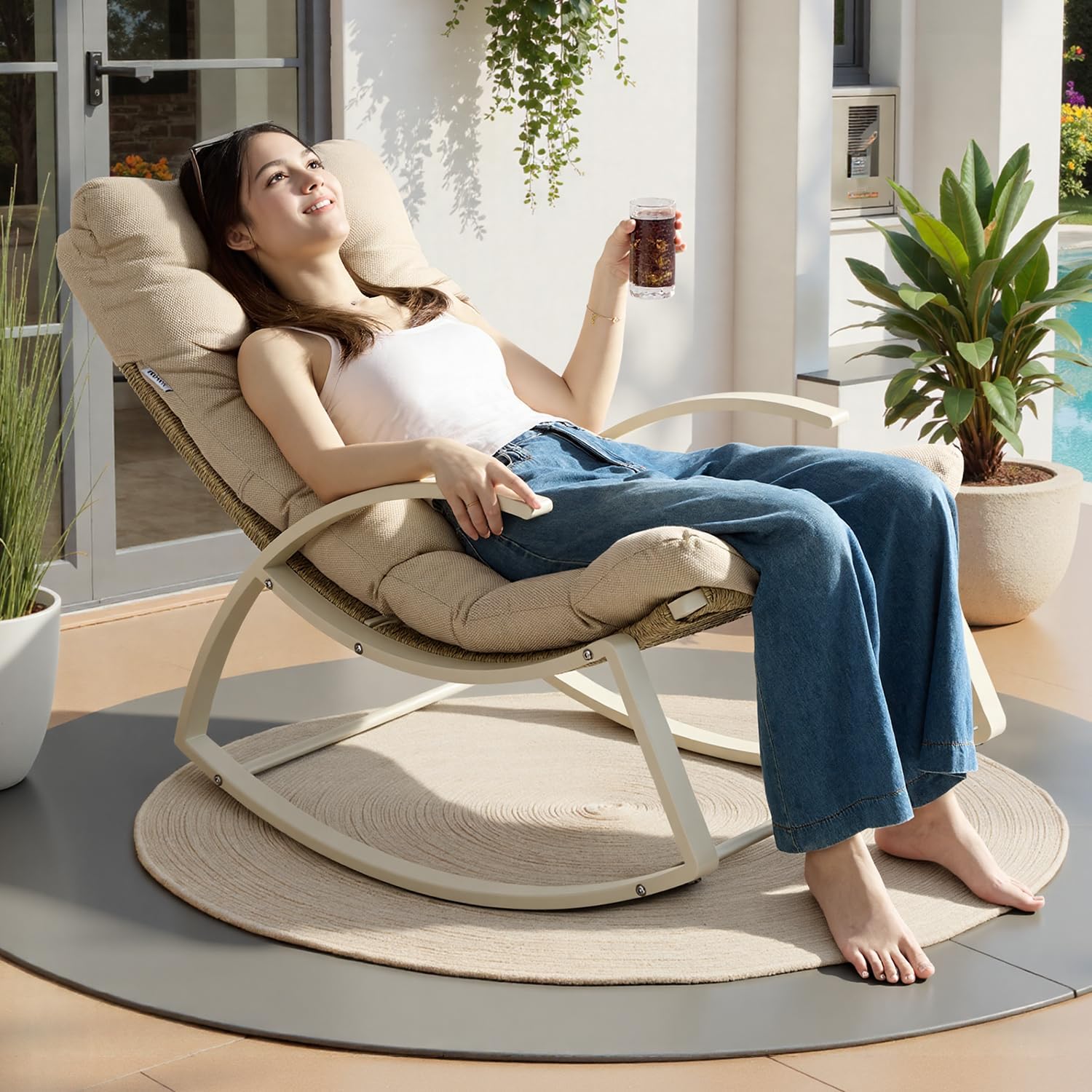 IRONCK Patio Rocking Chair, Outdoor Rocking Chair with Armrest and Cushion, Beige