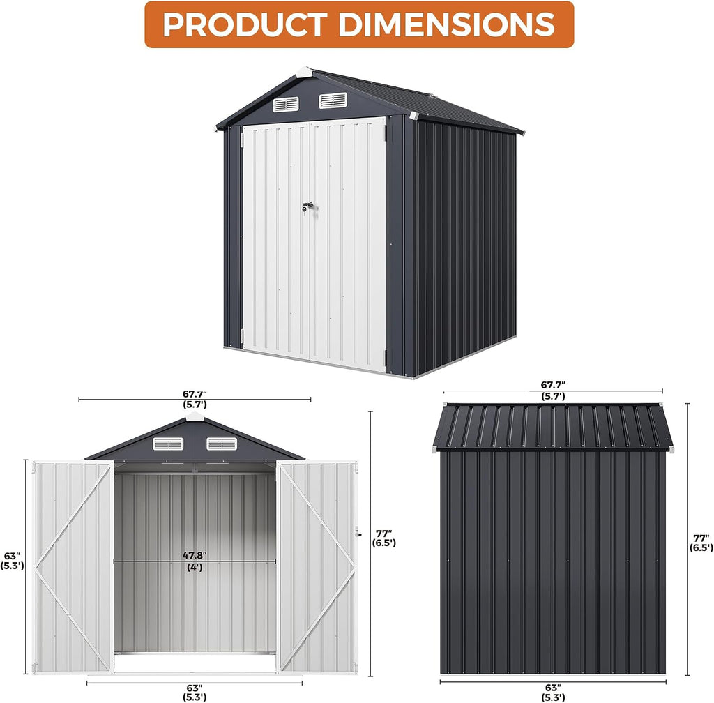 IRONCK 5.7x5.7FT Outdoor Storage Shed, Tool Shed, Dark Blue Galvanized Steel, Lockable Doors, Breathable Vent, Metal Garden Storage, Outdoor Shed, For Backyard, Patio, Poolside