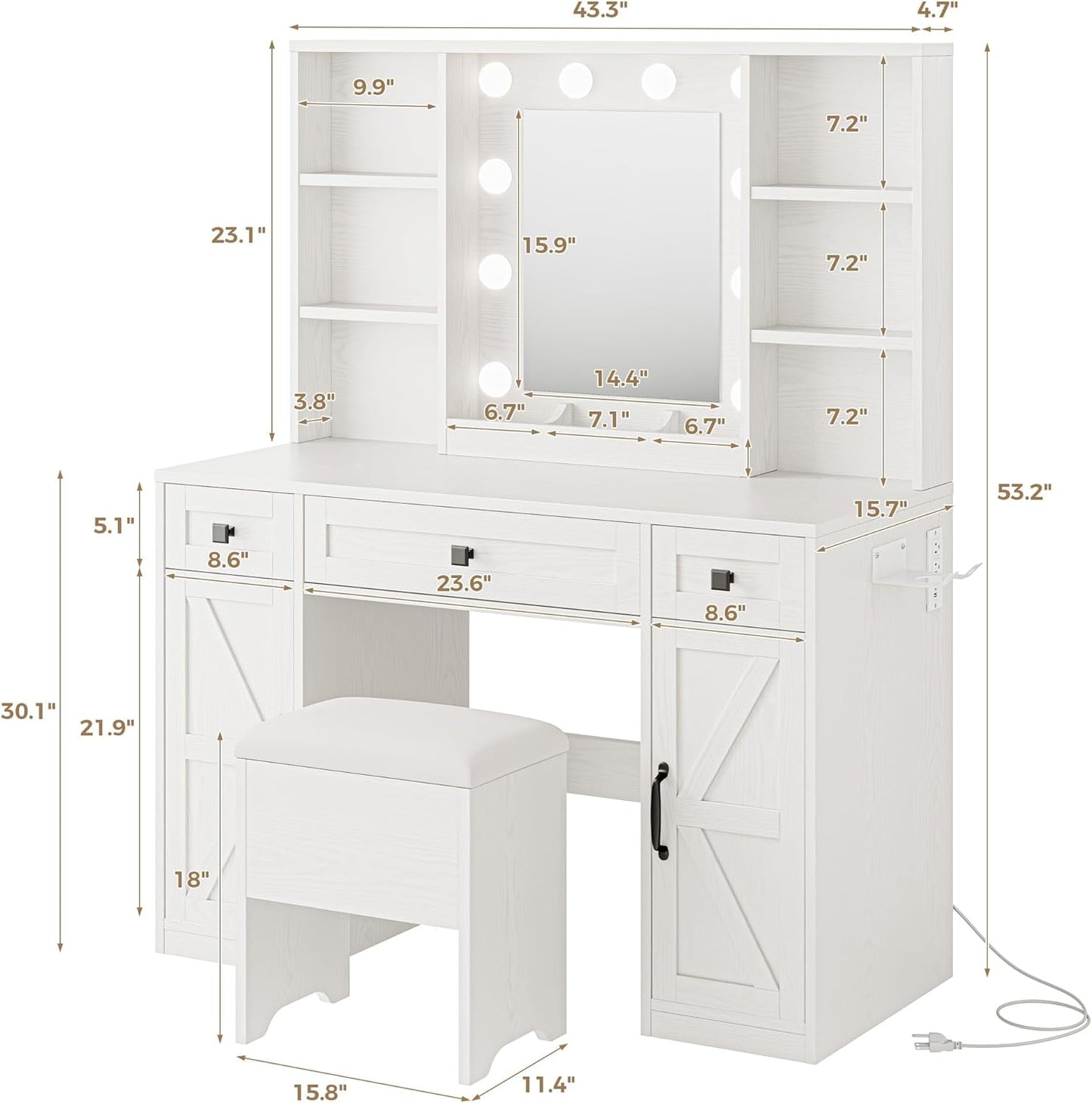 IRONCK White Vanity Desk with Adjustable 3 LED Modes, Stool Included