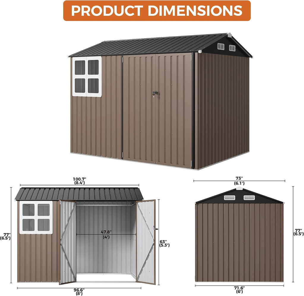 IRONCK 8x6FT Outdoor Storage Shed with Clear Window, Outdoor Shed, Brown Breathable Vent, Lockable Doors, Metal Garden Storage, Tool Shed, For Poolside, Patio, Backyard