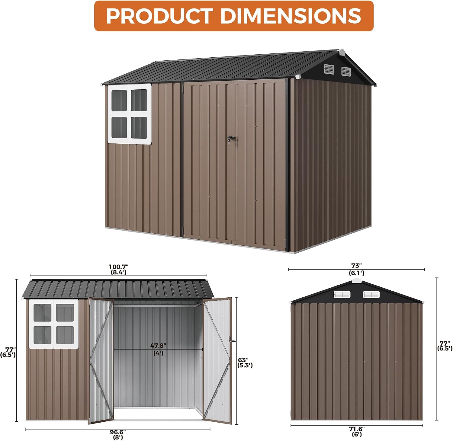 IRONCK 8x6FT Outdoor Storage Shed with Clear Window, Outdoor Shed, Brown Breathable Vent, Lockable Doors, Metal Garden Storage, Tool Shed, For Poolside, Patio, Backyard