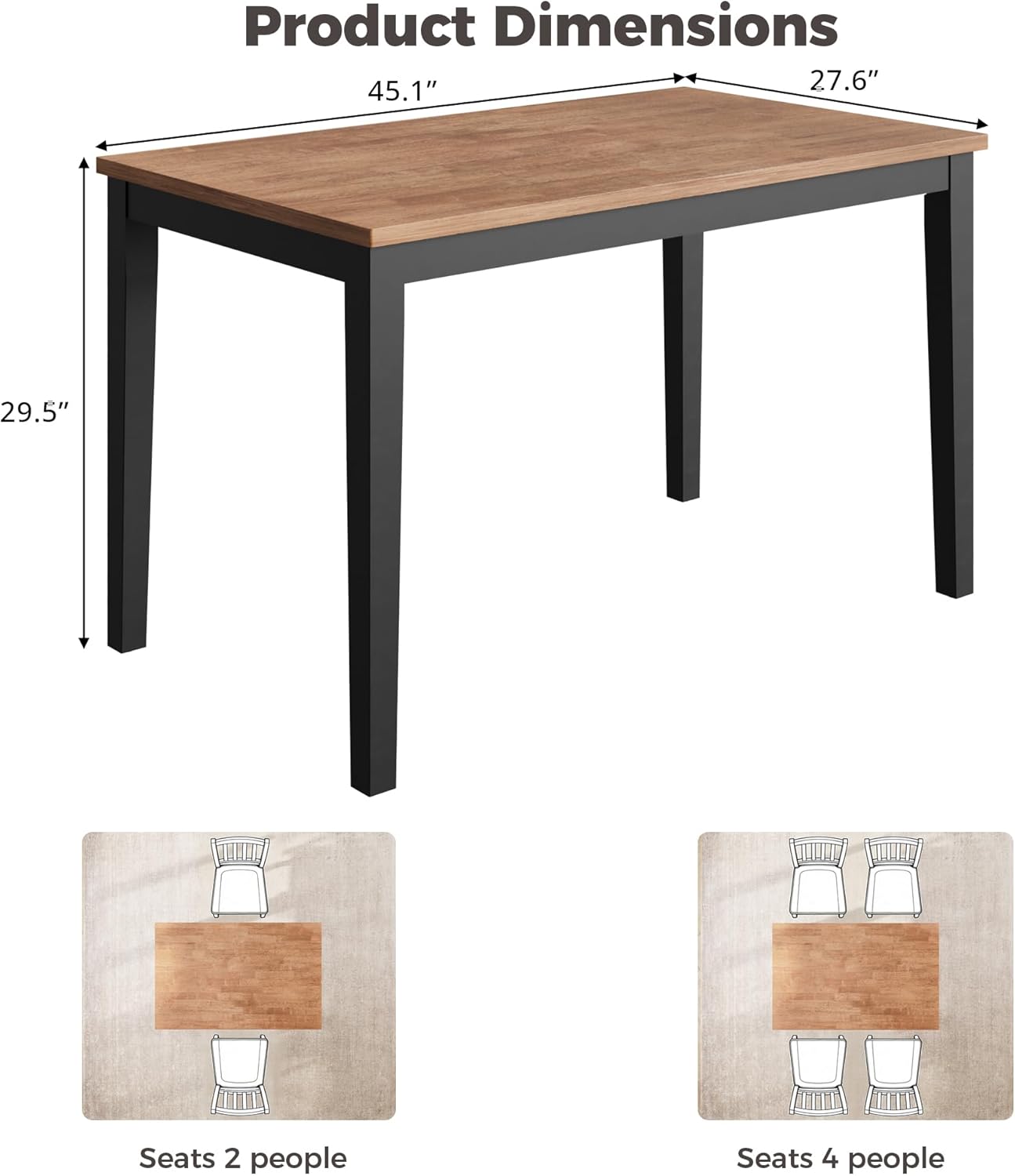 IRONCK Solid Wood Dining Table for 4, 45 Inch Rectangular Kitchen Table (Only Table)