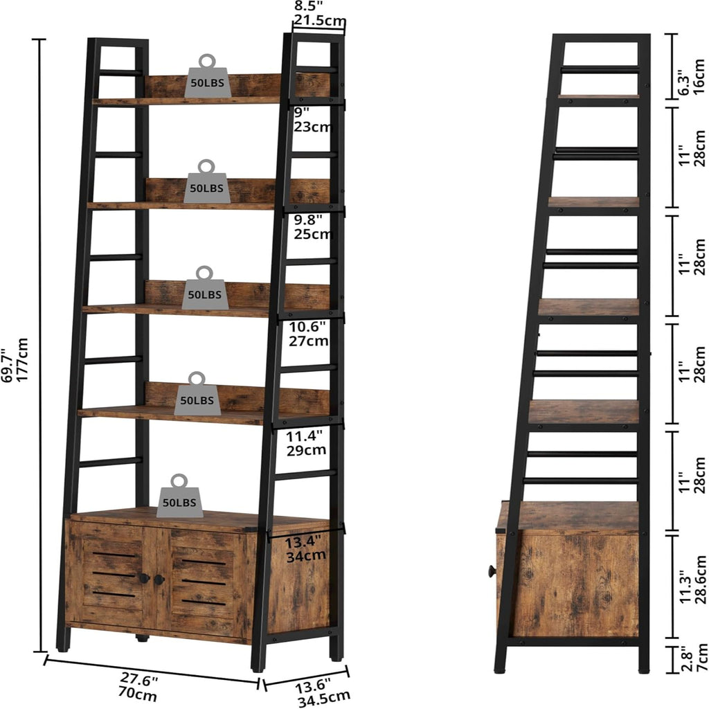 IRONCK 4-Tier Ladder Bookshelf with Louvered Doors, Rustic Brown