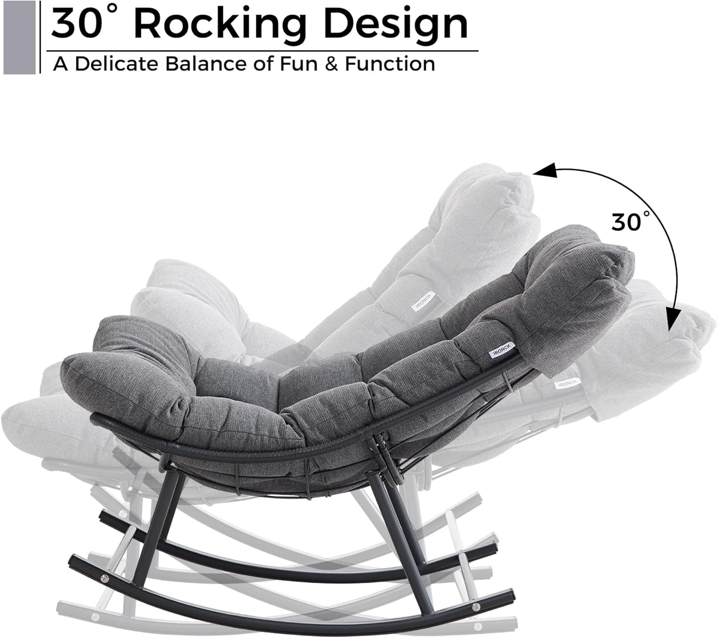 IRONCK Outdoor Rocking Chair, Patio Papasan Rocking Chair with Cushion, Gray