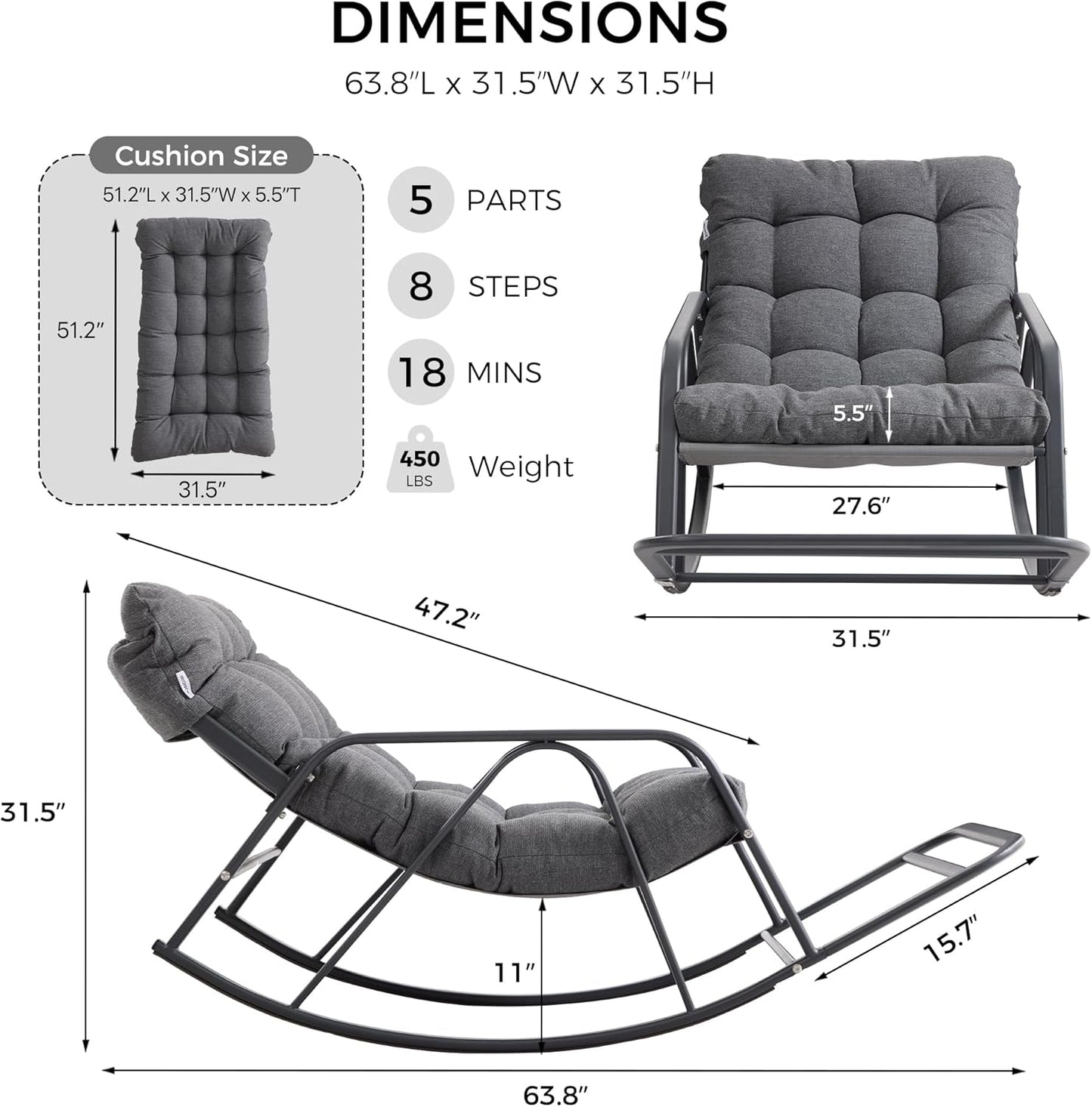 IRONCK Patio Rocking Chair with Cushion, Oversized Outdoor Rocking Chair, Gray