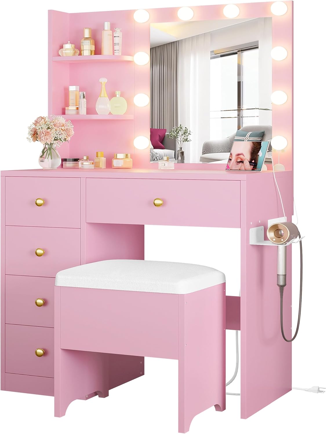 7 Furniture Vanity Desk with Mirror and Lights, Small Makeup Vanity Table with 5 Drawers, Power Outlet, and Vanity Stool, 3 Lighting Colors, Dressing Table for Women Girls Bedroom, White