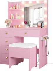 7 Furniture Vanity Desk with Mirror and Lights, Small Makeup Vanity Table with 5 Drawers, Power Outlet, and Vanity Stool, 3 Lighting Colors, Dressing Table for Women Girls Bedroom, White