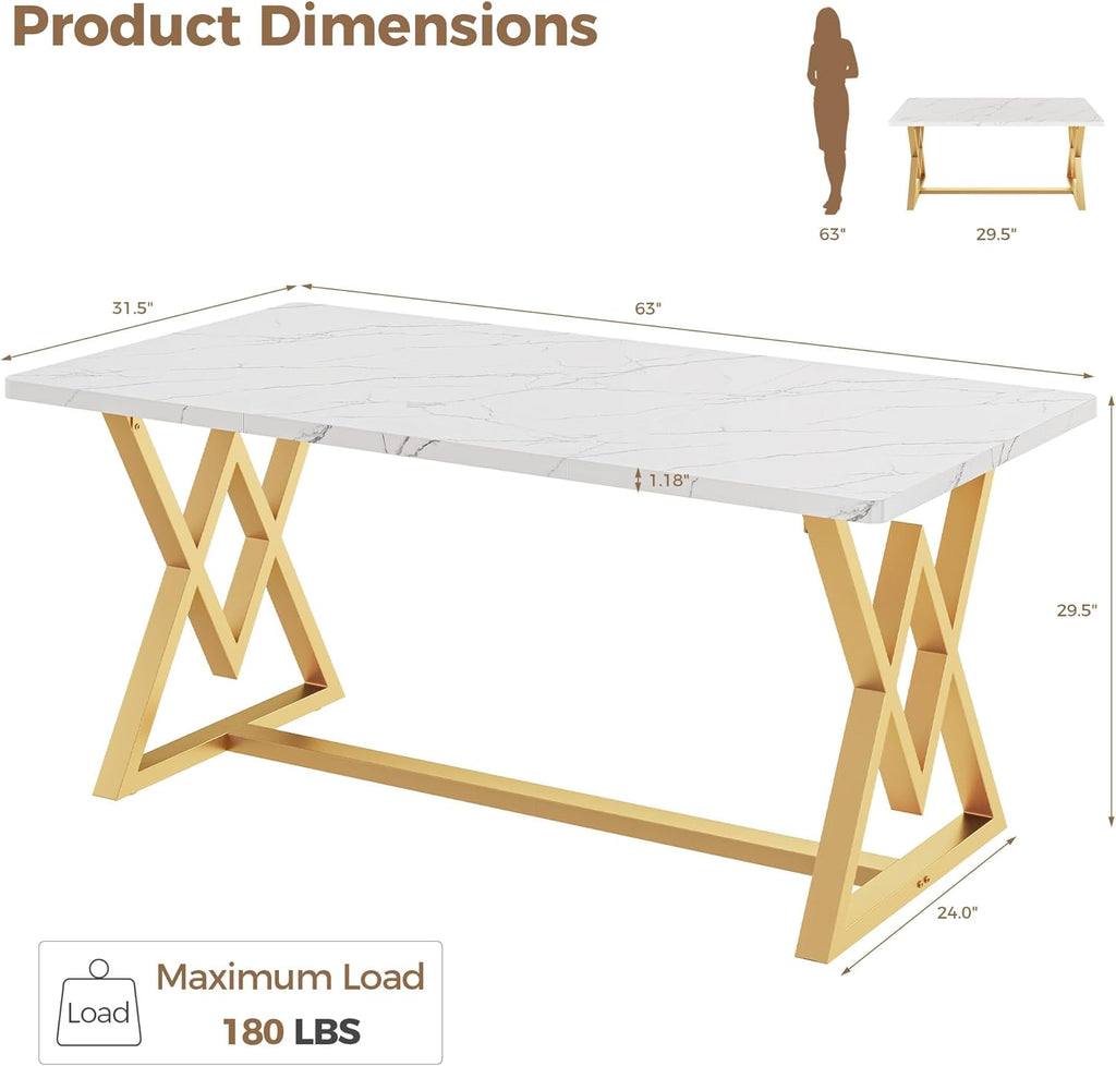 IRONCK 63" Dining Table for 4-6,  with Sturdy Metal Frame-White