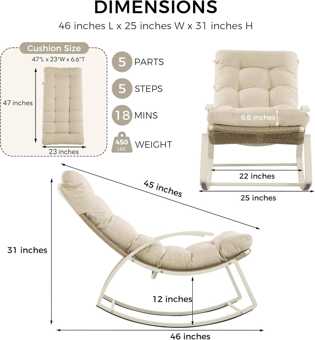 IRONCK Patio Rocking Chair, Outdoor Rocking Chair with Armrest and Cushion, Beige