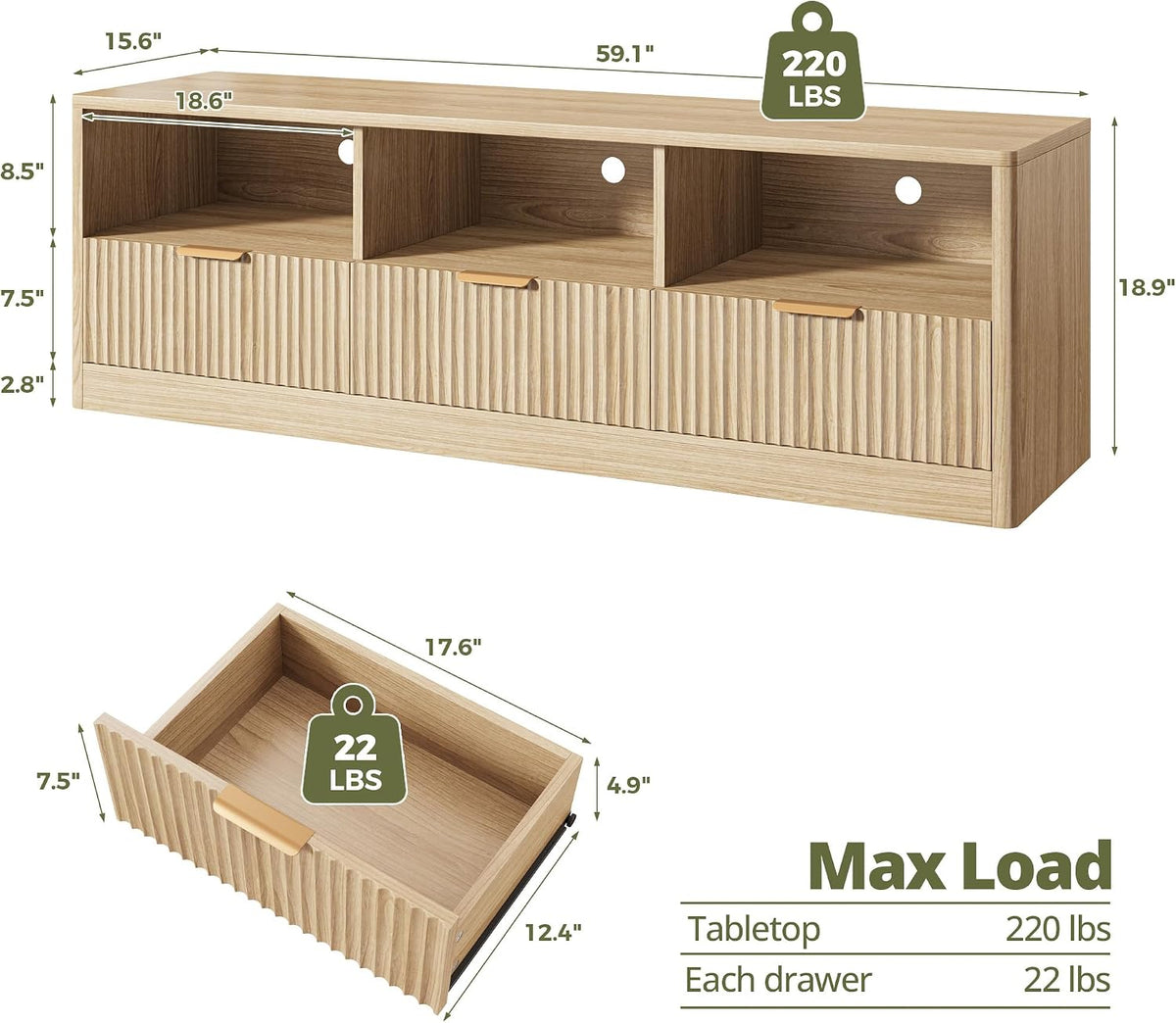 IRONCK 59" Fluted TV Stand for TVs Up to 65", Natural Oak