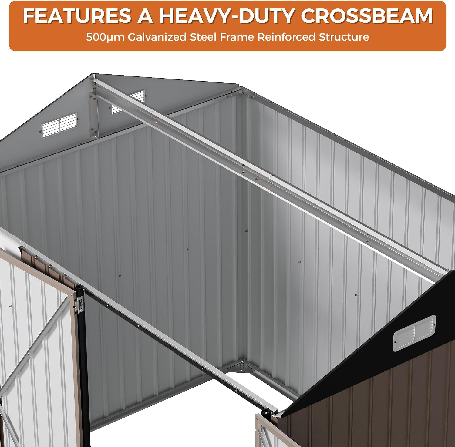 IRONCK 8x6FT Outdoor Storage Shed with Clear Window, Outdoor Shed, Brown Breathable Vent, Lockable Doors, Metal Garden Storage, Tool Shed, For Poolside, Patio, Backyard