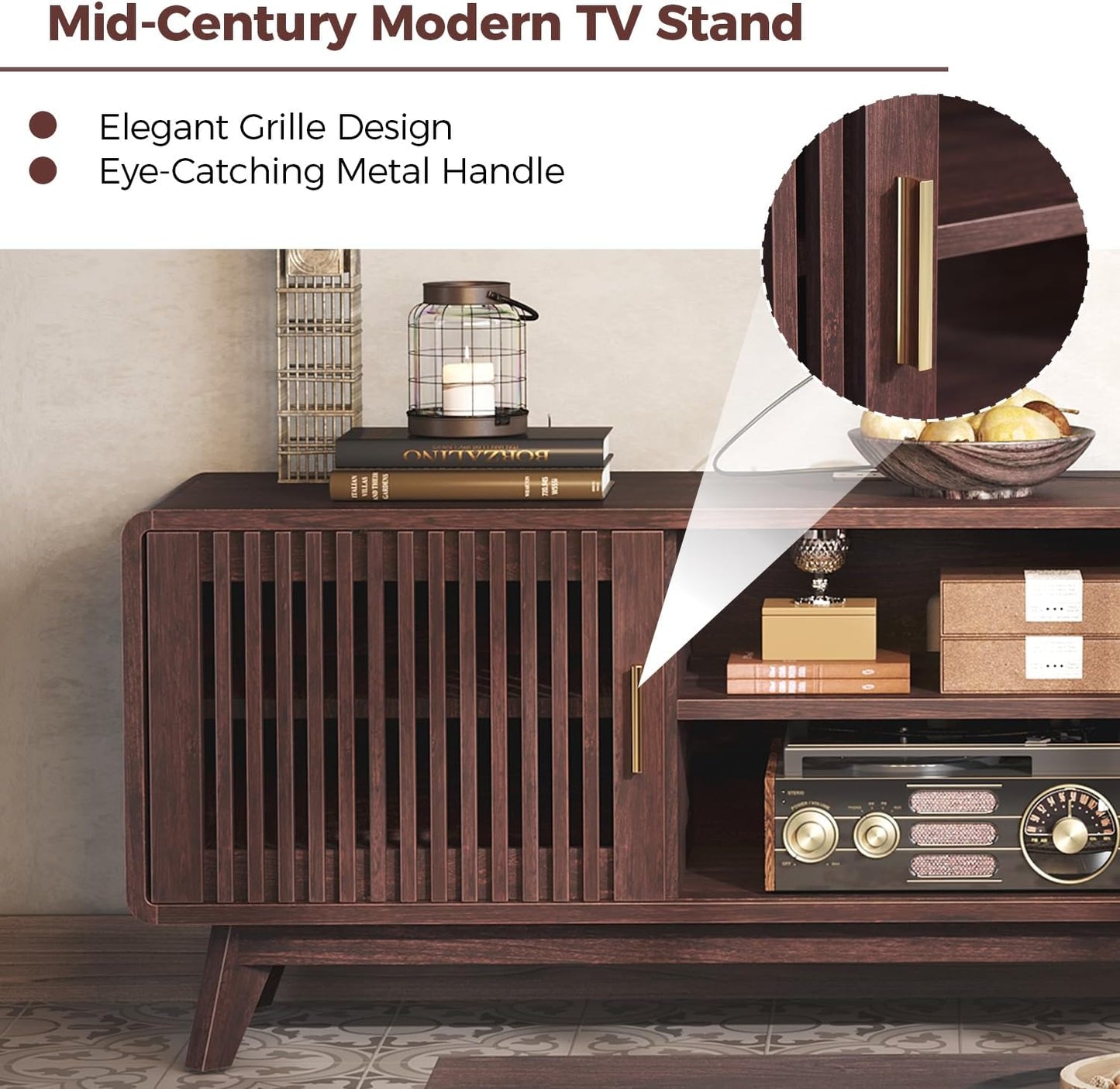 IRONCK 63'' TV Stand for TVs Up to 70", TV Console with 2 Sliding Doors, Red Walnut