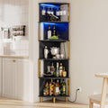 IRONCK Corner Bar Cabinet with LED Lights & Power Outlets, 5-Tier Corner Shelf with Glass Holder, Wine Bar Cabinet Liquor Cabinet for Living Room, Dining Room, Kitchen, Black & Gold
