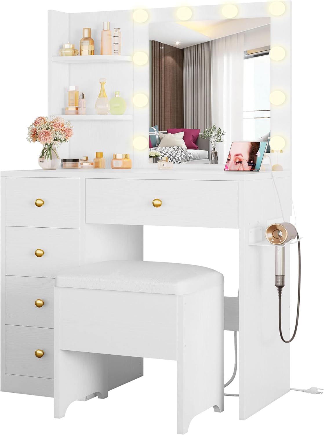 7 Furniture Vanity Desk with Mirror and Lights, Small Makeup Vanity Table with 5 Drawers, Power Outlet, and Vanity Stool, 3 Lighting Colors, Dressing Table for Women Girls Bedroom, White