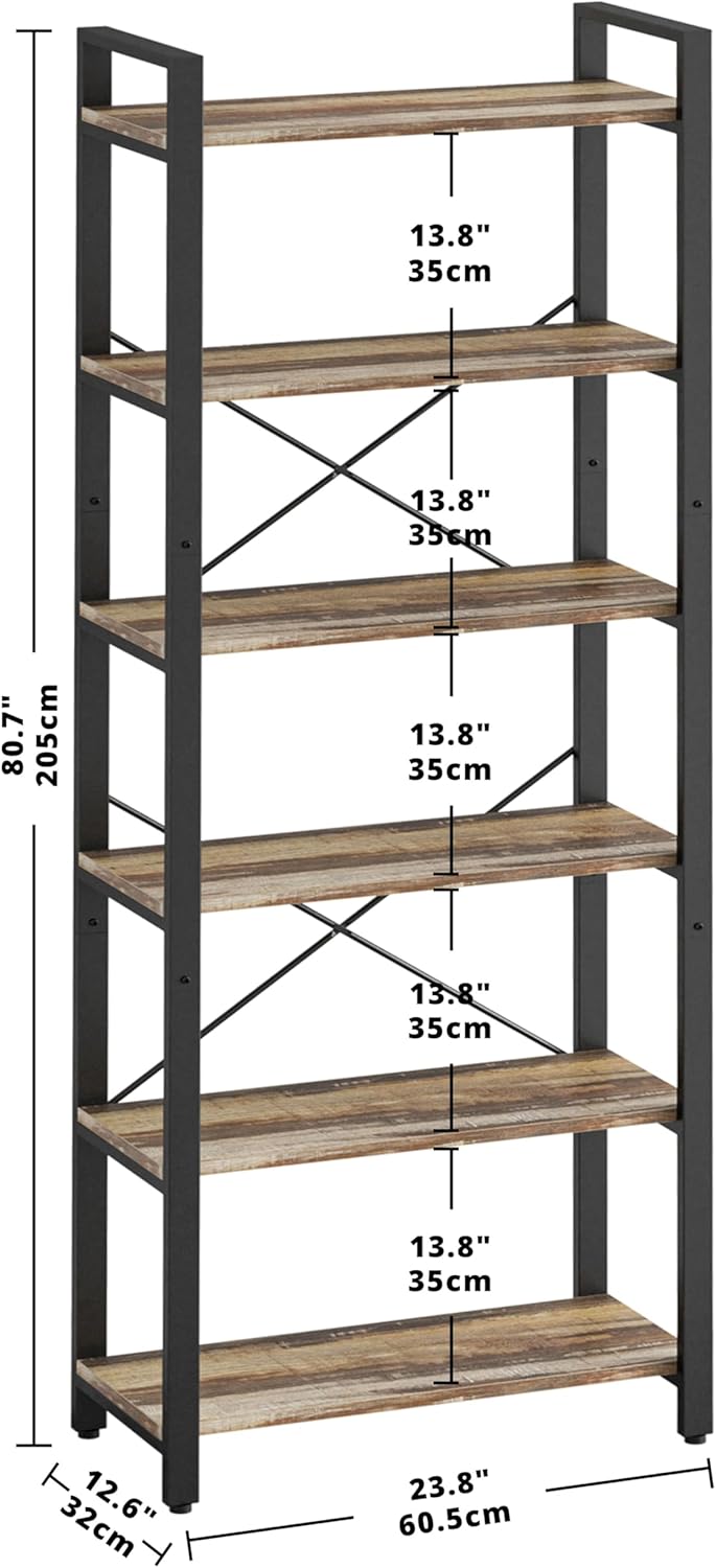 7 Furniture Bookshelf 6-Tier Ladder Shelf 110lbs Display Shelf Vintage Industrial Style Bookcase for Home Office, Living Room