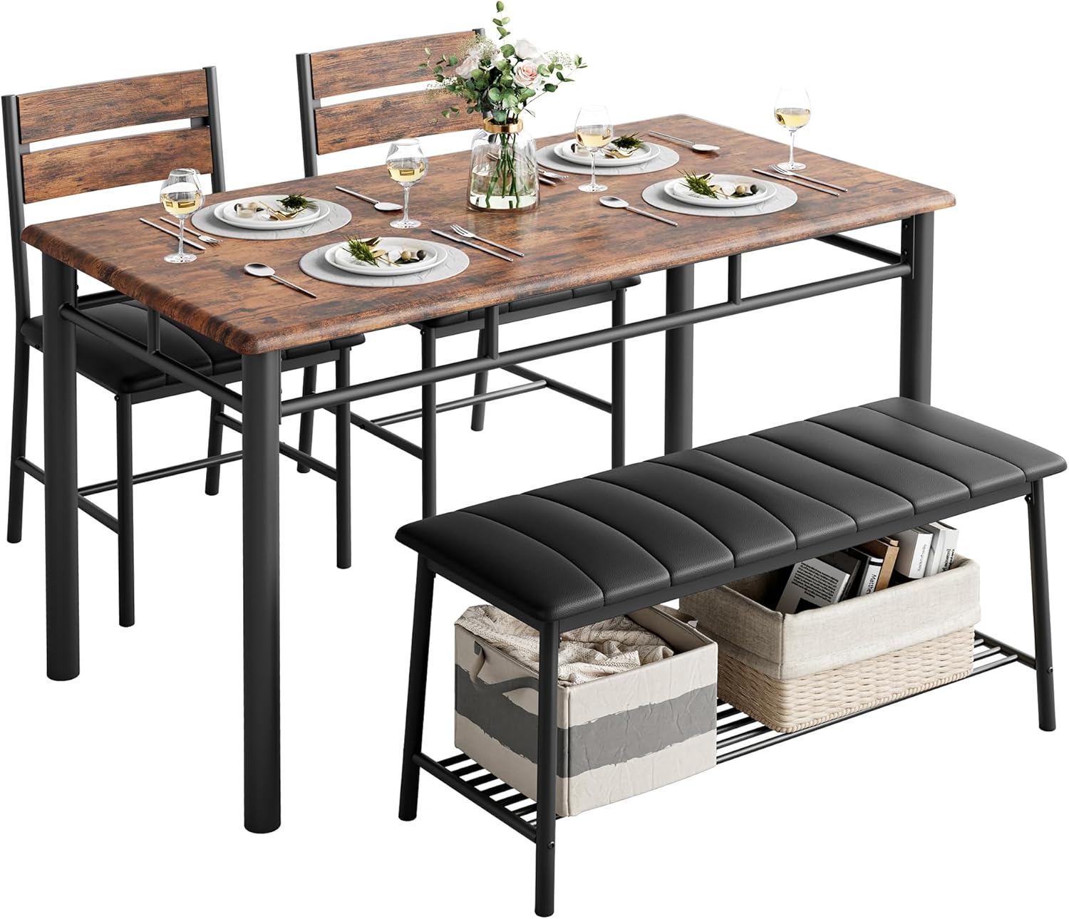 IRONCK Dining Table Set for 4, with Upholstered Bench and 2 Chairs