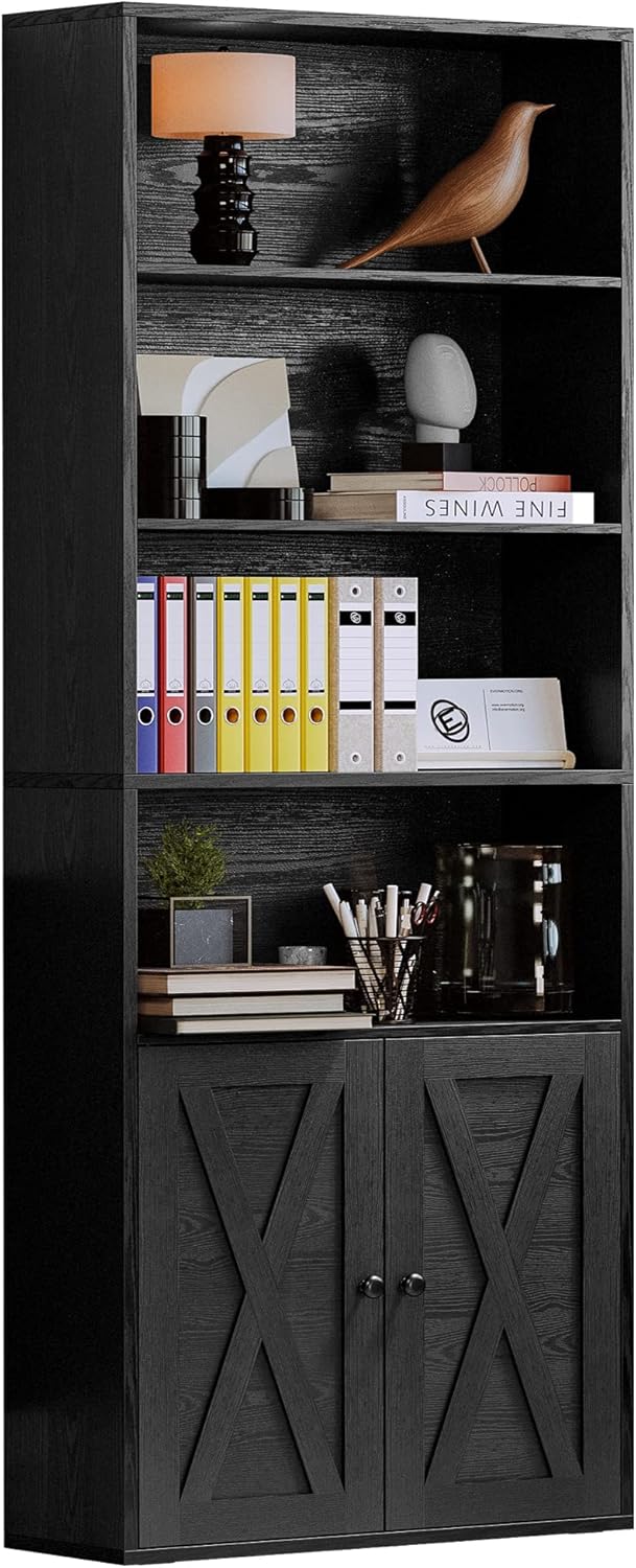 IRONCK 70 in Tall Industrial Bookshelves and Bookcases with Doors, black