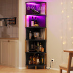 IRONCK Corner Bar Cabinet with LED Lights & Power Outlets, 5-Tier Corner Shelf with Glass Holder, Wine Bar Cabinet Liquor Cabinet for Living Room, Dining Room, Kitchen, Black & Gold