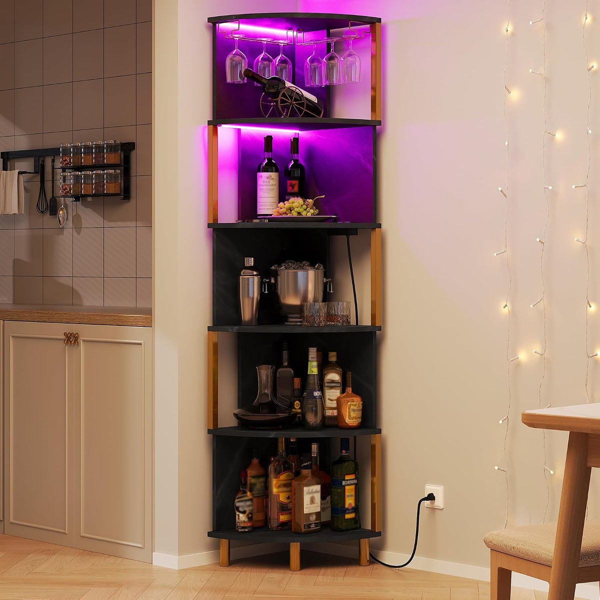 IRONCK Corner Bar Cabinet with LED Lights & Power Outlets, 5-Tier Corner Shelf with Glass Holder, Wine Bar Cabinet Liquor Cabinet for Living Room, Dining Room, Kitchen, Black & Gold