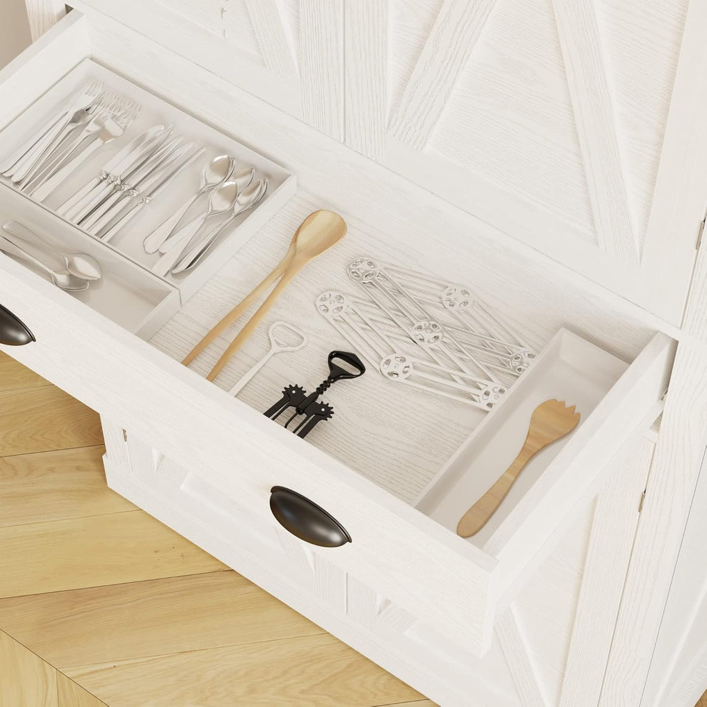 IRONCK Kitchen Pantry Storage Cabinet 72.6" H x 24" W, White | Freestanding Storage Cabinet with Barn Doors, Drawer, and 4 Adjustable Shelves for Laundry Rooms