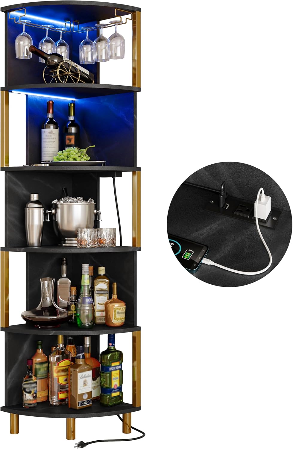 IRONCK Corner Bar Cabinet with LED Lights & Power Outlets, 5-Tier Corner Shelf with Glass Holder, Wine Bar Cabinet Liquor Cabinet for Living Room, Dining Room, Kitchen, Black & Gold