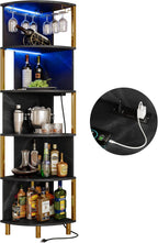 IRONCK Corner Bar Cabinet with LED Lights & Power Outlets, 5-Tier Corner Shelf with Glass Holder, Wine Bar Cabinet Liquor Cabinet for Living Room, Dining Room, Kitchen, Black & Gold