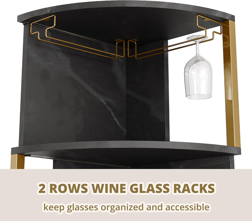 IRONCK Corner Bar Cabinet with LED Lights & Power Outlets, 5-Tier Corner Shelf with Glass Holder, Wine Bar Cabinet Liquor Cabinet for Living Room, Dining Room, Kitchen, Black & Gold