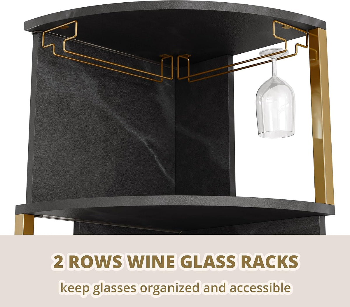 IRONCK Corner Bar Cabinet with LED Lights & Power Outlets, 5-Tier Corner Shelf with Glass Holder, Wine Bar Cabinet Liquor Cabinet for Living Room, Dining Room, Kitchen, Black & Gold