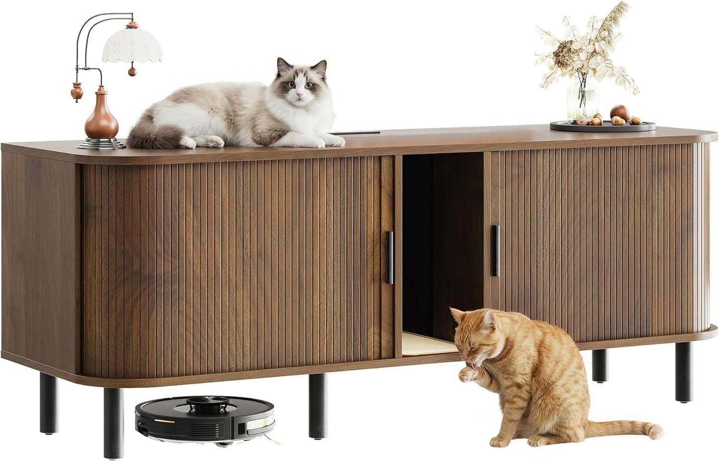 7 Furniture 60 Inch Double Cat Litter Box Enclosure Furniture with Built-in Power Outlet & Sliding Door, Walnut