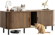 7 Furniture 60 Inch Double Cat Litter Box Enclosure Furniture with Built-in Power Outlet & Sliding Door, Walnut