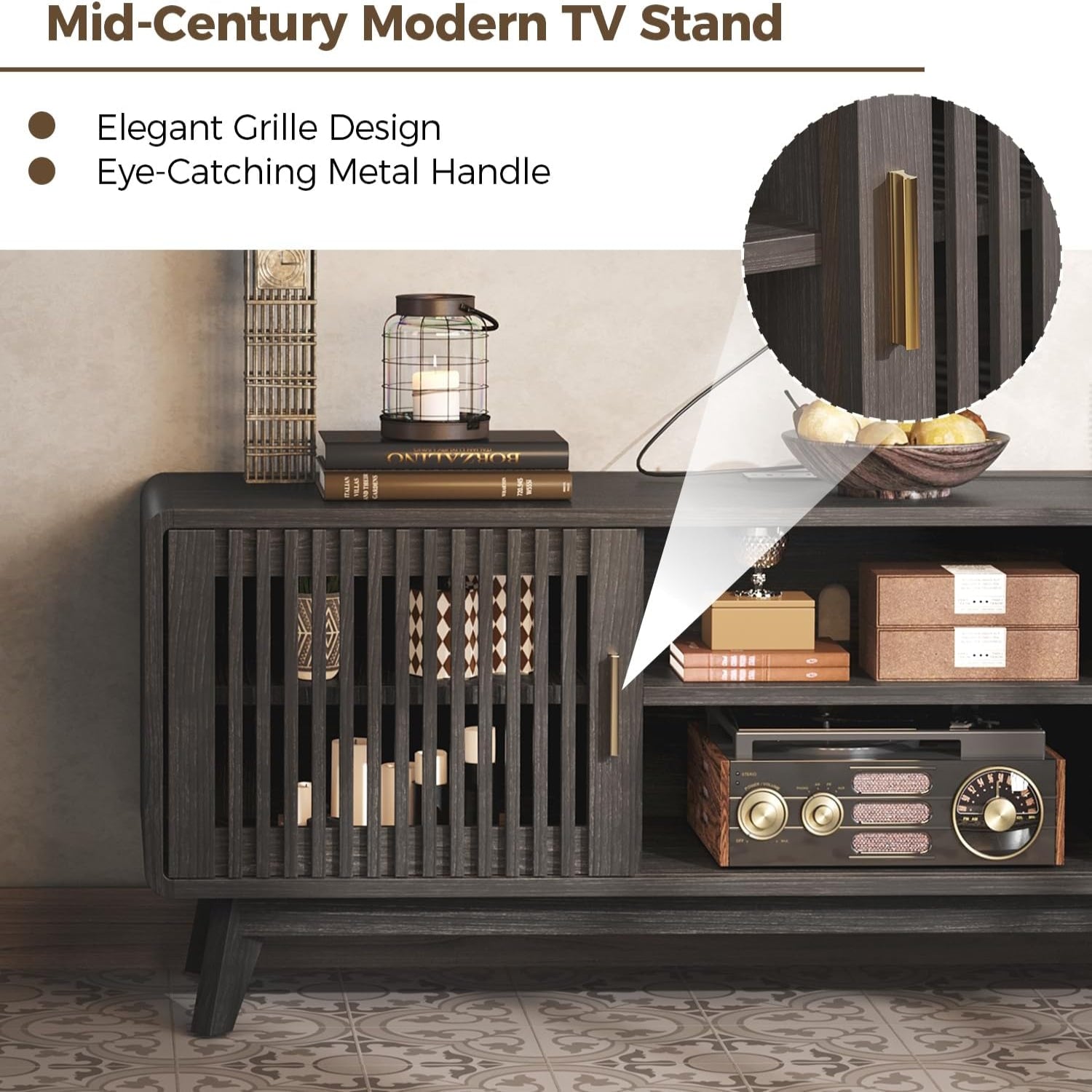 IRONCK Modern TV Stand with Charging Station, Grey Walnut